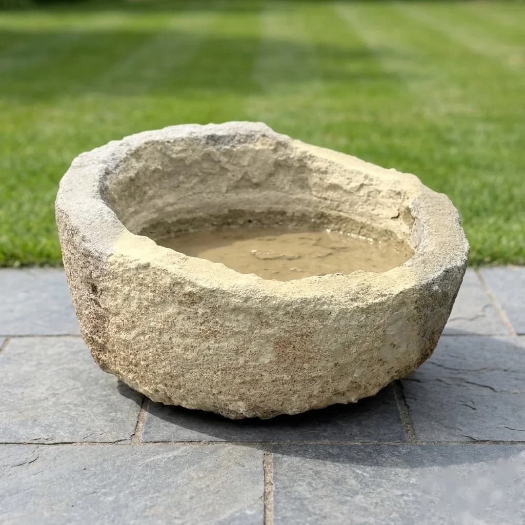 Natuurstenen pot, beige, rond, met aflopende rand (27/38 x Ø74), handgemaakt en verweerd, persoonlijk ingekocht in Indonesië