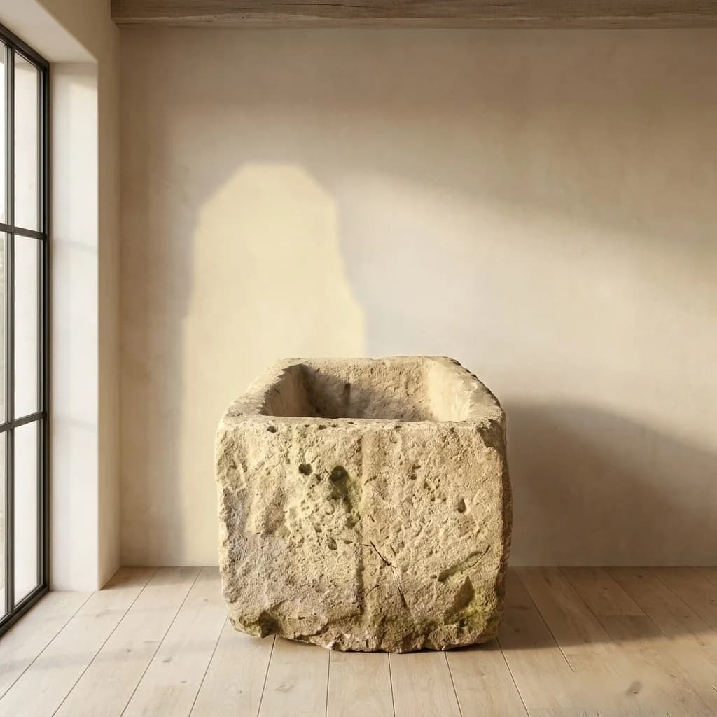 Kalkstenen trog, hoog rechthoekig model (43×74×52), handgemaakt en verweerd, persoonlijk ingekocht in Indonesië