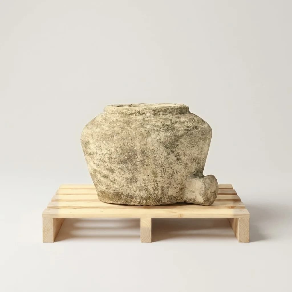 Antieke taps gevormde opslagpot met uitloop (33×43), verweerde kalksteen met natuurlijke patina, handgemaakt in Indonesië foto 2