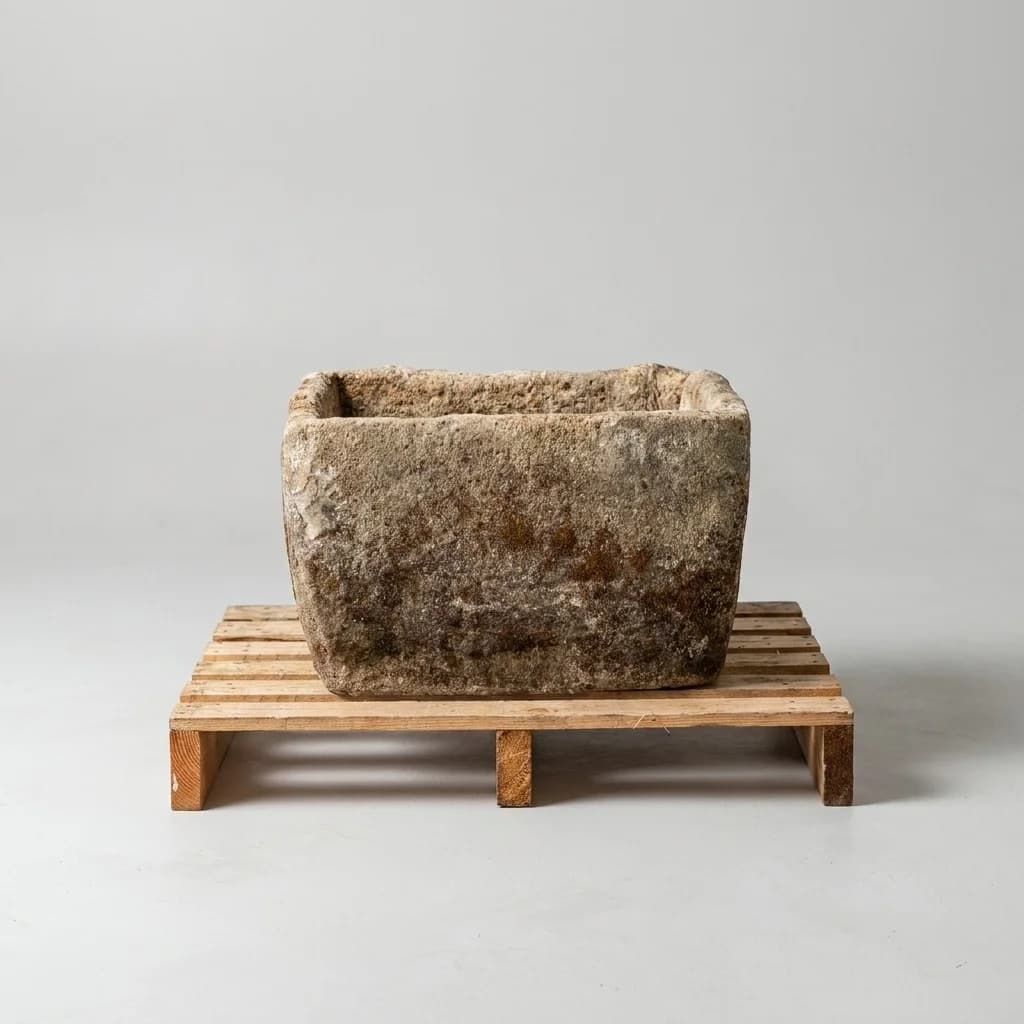 Massieve doorleefde natuurstenen trog, rechthoekig (33×56×51), verweerde kalksteen met natuurlijke patina, handgemaakt in Indonesië foto 3