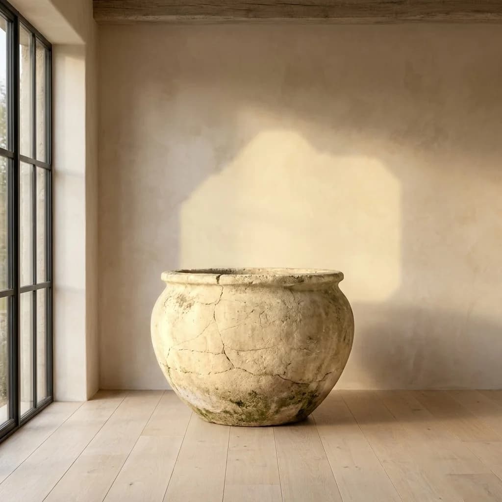 Beige natuurstenen pot, rond (40×70), handgemaakt en verweerd, persoonlijk ingekocht in Indonesië