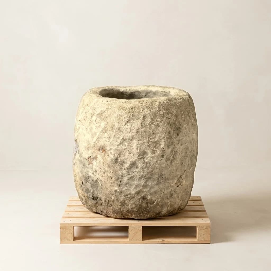 Beige natuurstenen pot met dikke randen, rond (54×58), handgemaakt en verweerd, persoonlijk ingekocht in Indonesië