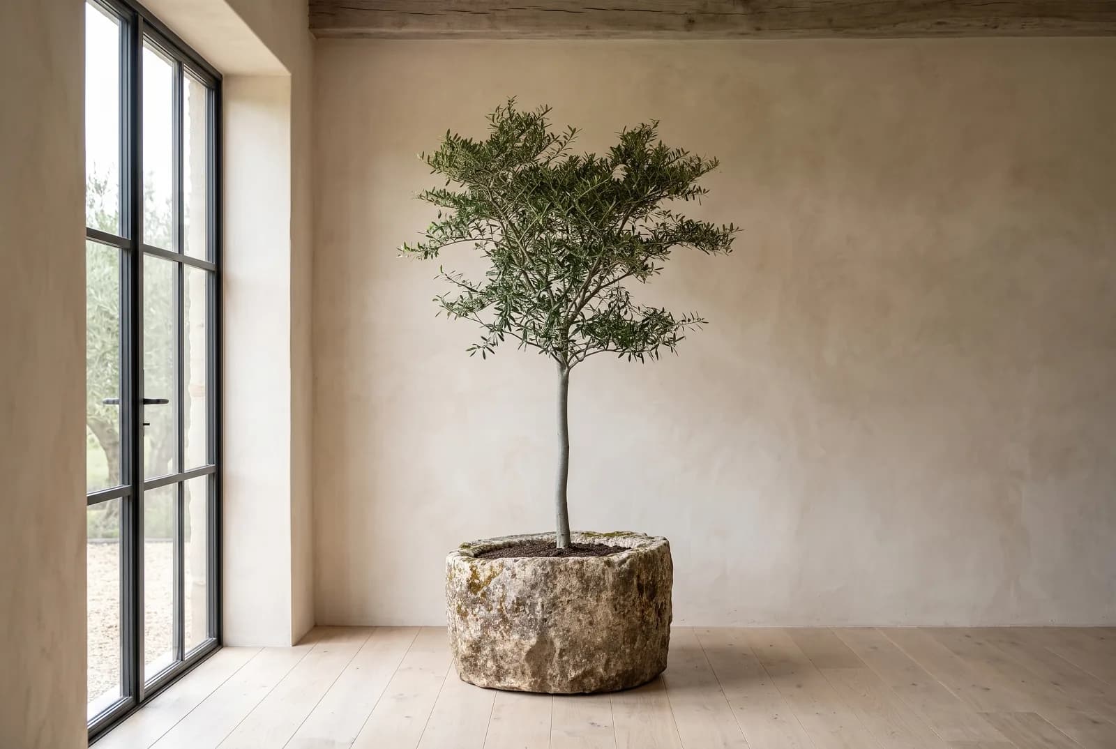Natuurstenen pot, beige, rond en zwaar verweerd, verweerde kalksteen met natuurlijke patina, handgemaakt in Indonesië foto 6