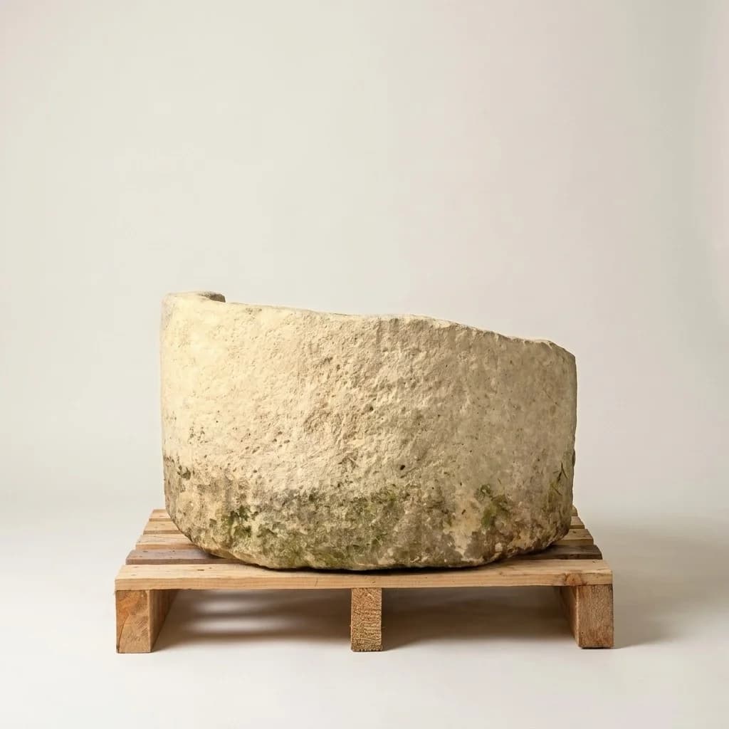 Natuurstenen pot met patina, beige, rond, lager model (24/43 x Ø70), handgemaakt en verweerd, persoonlijk ingekocht in Indonesië