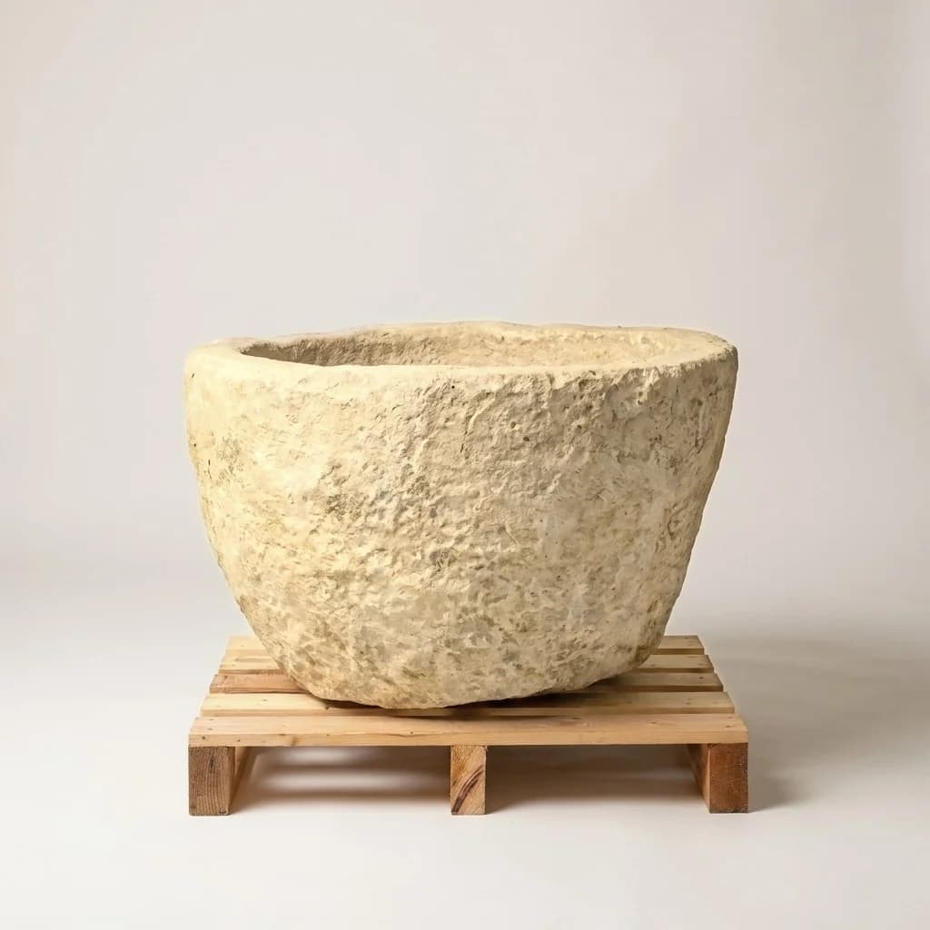 Antieke grijze jumbo plantenpot, rond (52×84), handgemaakt en verweerd, persoonlijk ingekocht in Indonesië