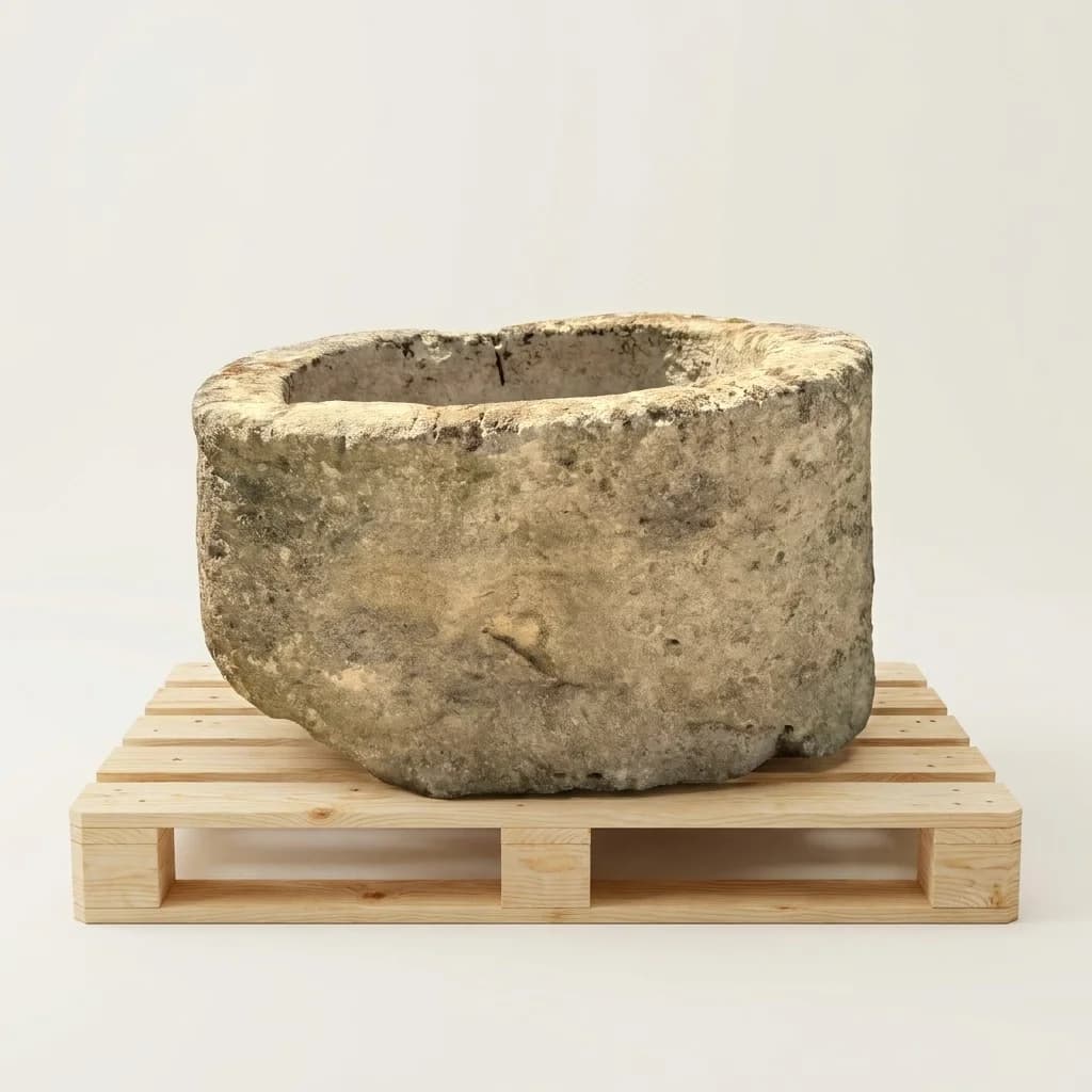Natuurstenen pot, beige, rond met doorleefde patina, handgemaakt en verweerd, persoonlijk ingekocht in Indonesië