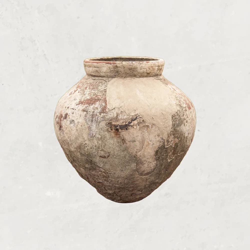 Authentieke vintage kleivaas, terra en zand (56×56), verweerde klei met natuurlijke patina, handgemaakt in Indonesië foto 2