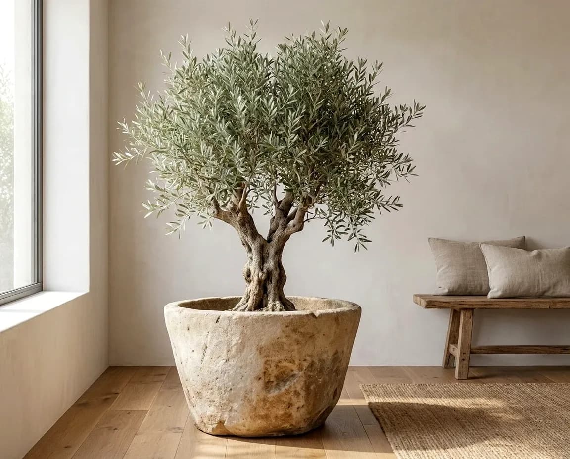 Robuuste natuurstenen pot, beige, rond (45×73), verweerde kalksteen met natuurlijke patina, handgemaakt in Indonesië foto 2