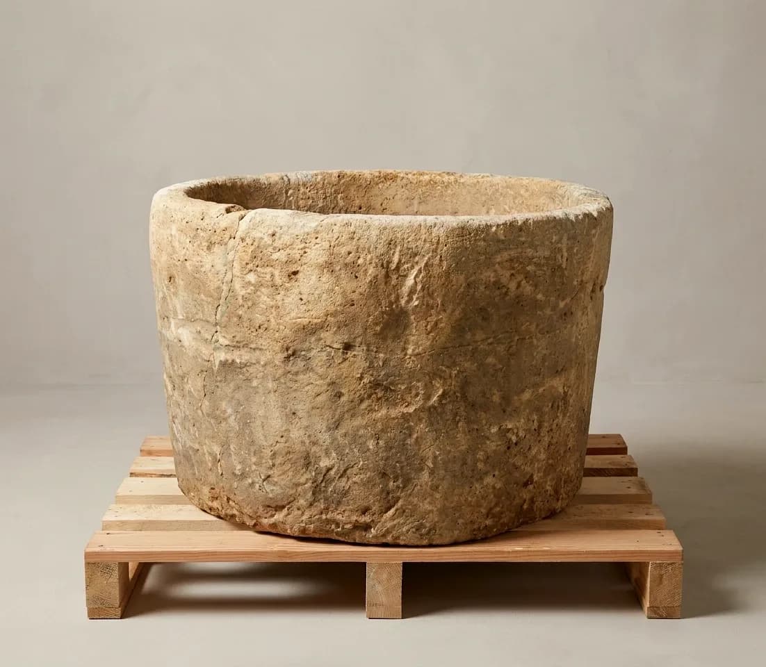 Beige natuurstenen pot, rond, massief model (43×72), handgemaakt en verweerd, persoonlijk ingekocht in Indonesië