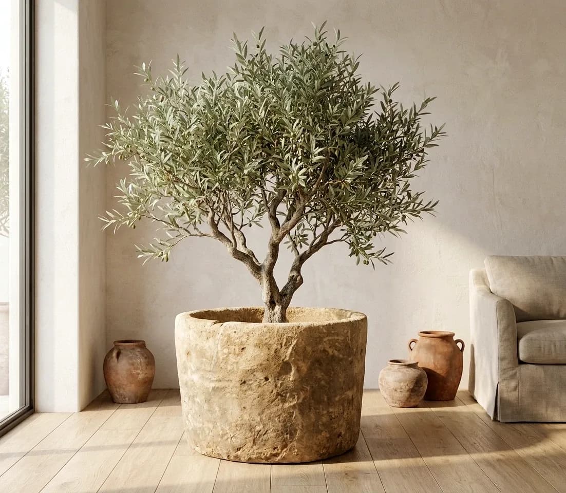 Beige natuurstenen pot, rond, massief model (43×72), verweerde kalksteen met natuurlijke patina, handgemaakt in Indonesië foto 2