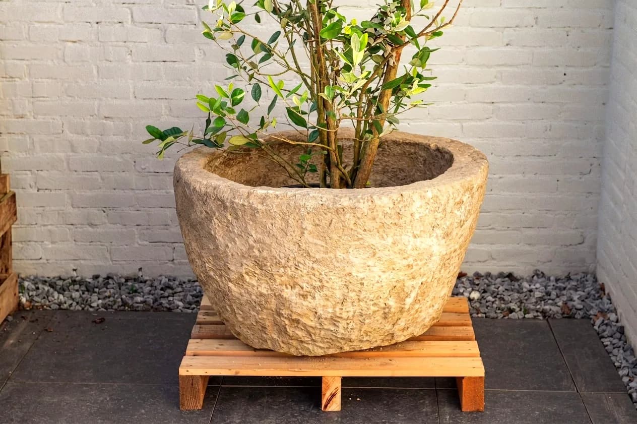 Antieke grijze jumbo plantenpot, rond (52×84), verweerde natuursteen met natuurlijke patina, handgemaakt in Indonesië foto 6