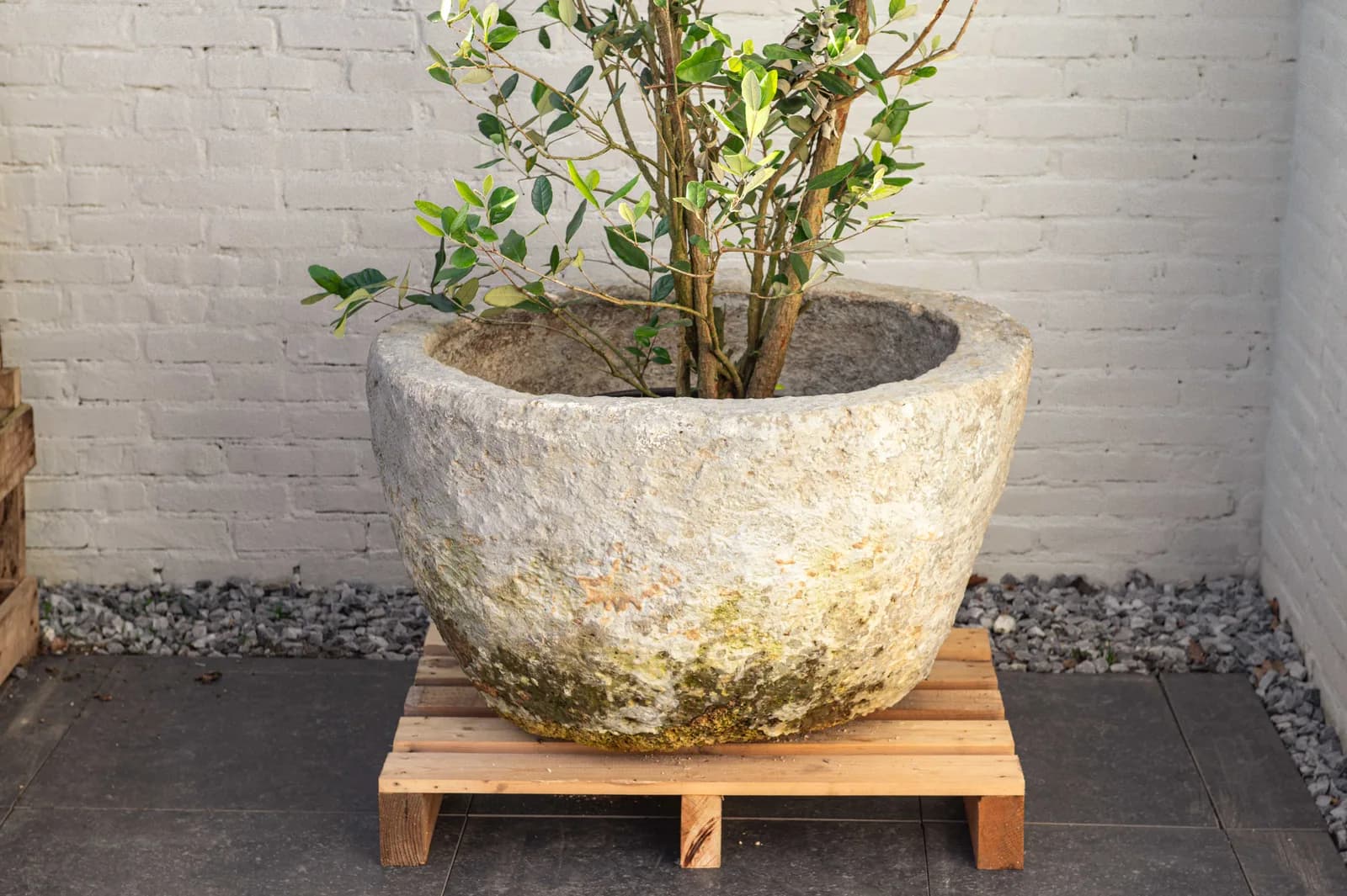 Antieke grijze jumbo plantenpot, rond (52×84), verweerde natuursteen met natuurlijke patina, handgemaakt in Indonesië foto 7
