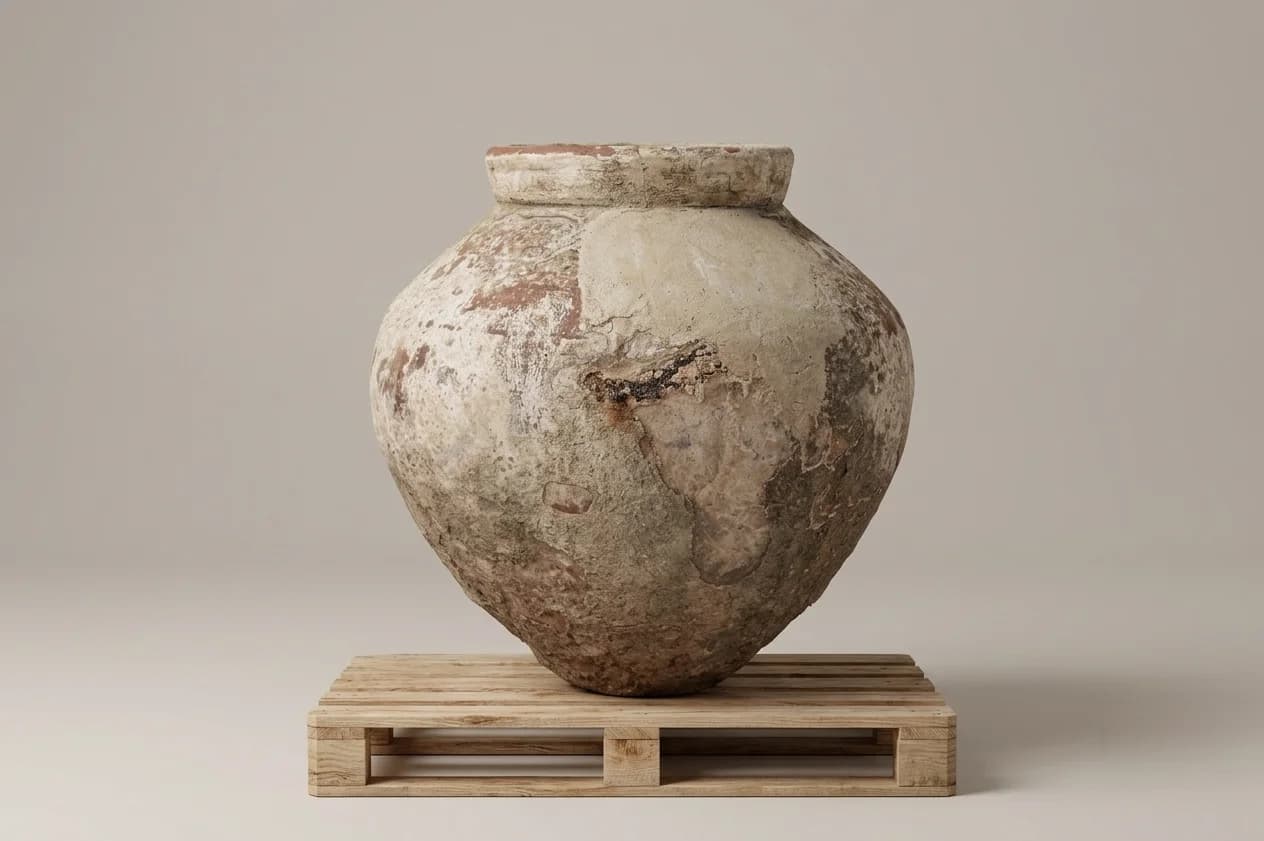 Authentieke vintage kleivaas, terra en zand (56×56), handgemaakt en verweerd, persoonlijk ingekocht in Indonesië