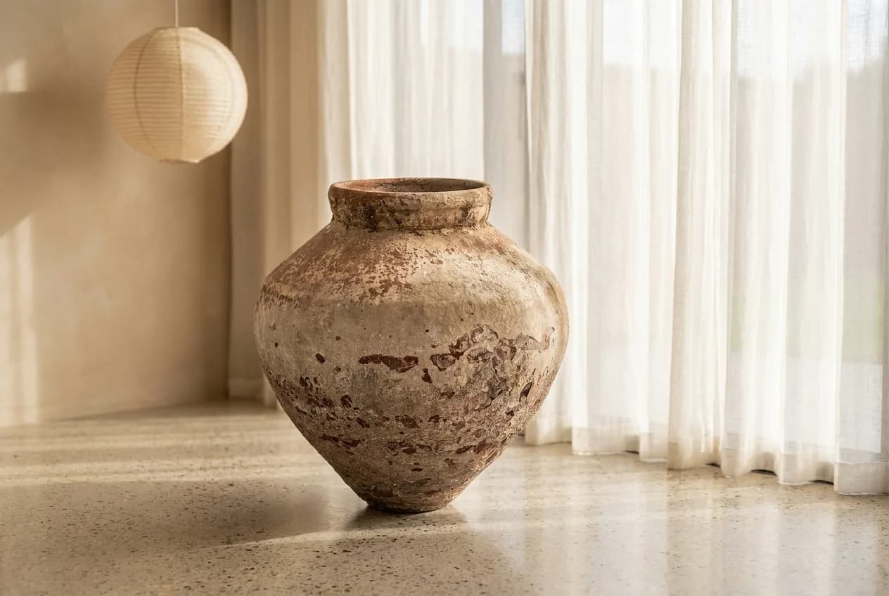 Vintage kleivaas in terra en beige, handgemaakt (61×60), handgemaakt en verweerd, persoonlijk ingekocht in Indonesië