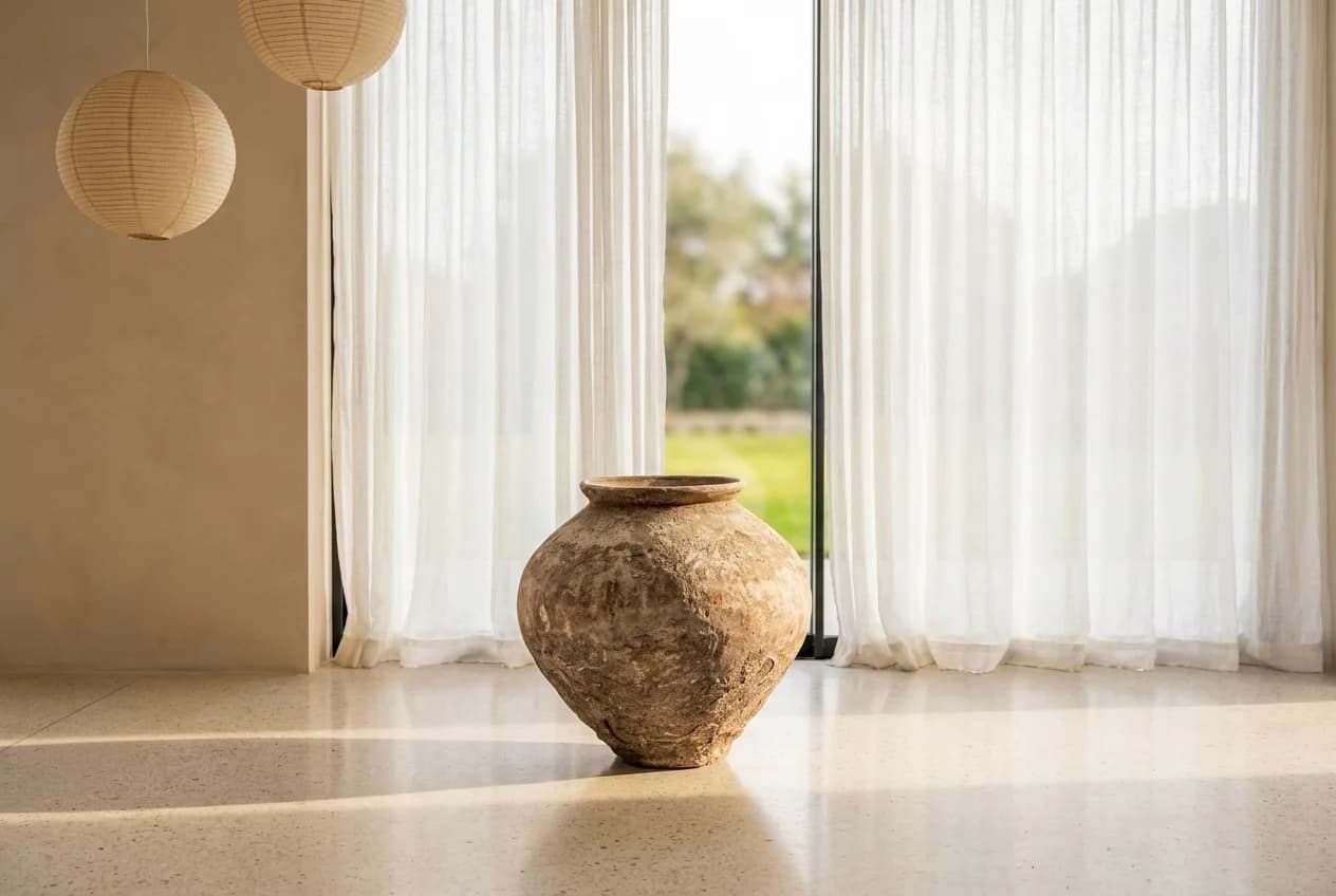 Handgemaakte kleivaas, beige tinten (54×58), verweerde klei met natuurlijke patina, handgemaakt in Indonesië foto 7