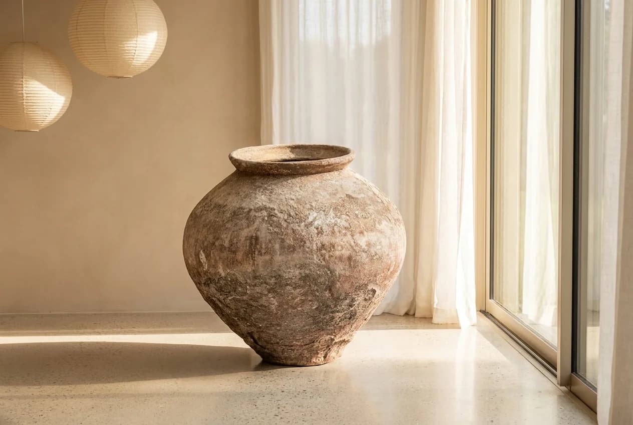 Handgemaakte kleivaas, beige tinten (54×58), verweerde klei met natuurlijke patina, handgemaakt in Indonesië foto 2