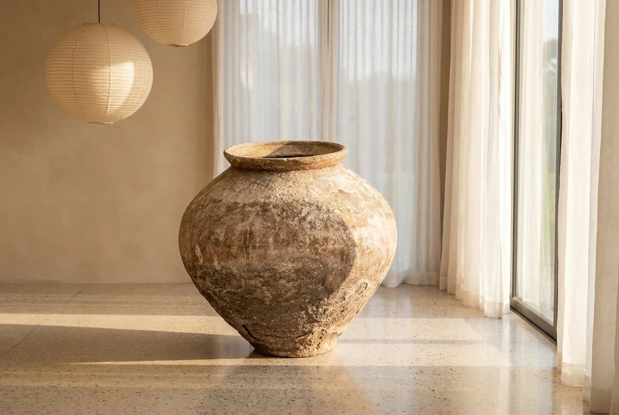 Handgemaakte kleivaas, beige tinten (54×58), verweerde klei met natuurlijke patina, handgemaakt in Indonesië foto 3
