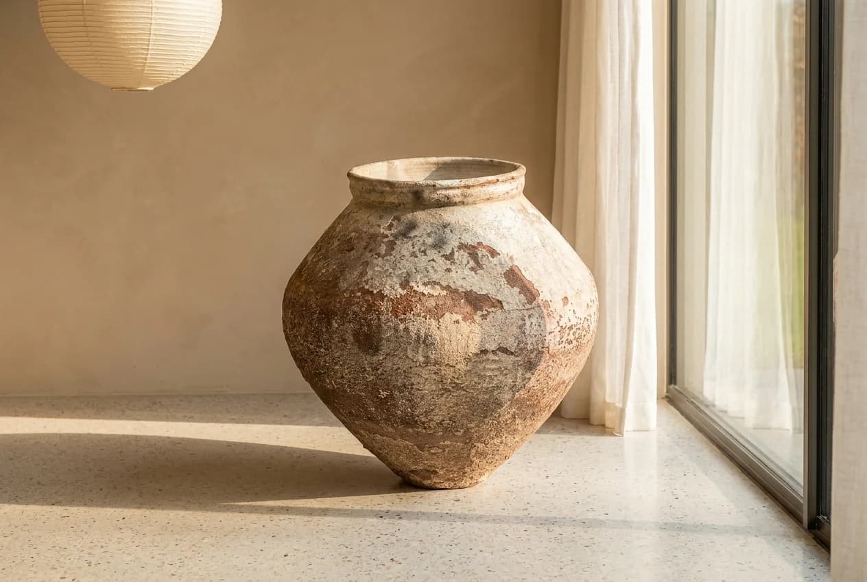 Uniek handgemaakte vintage kleivaas, terra en beige (55×55), handgemaakt en verweerd, persoonlijk ingekocht in Indonesië