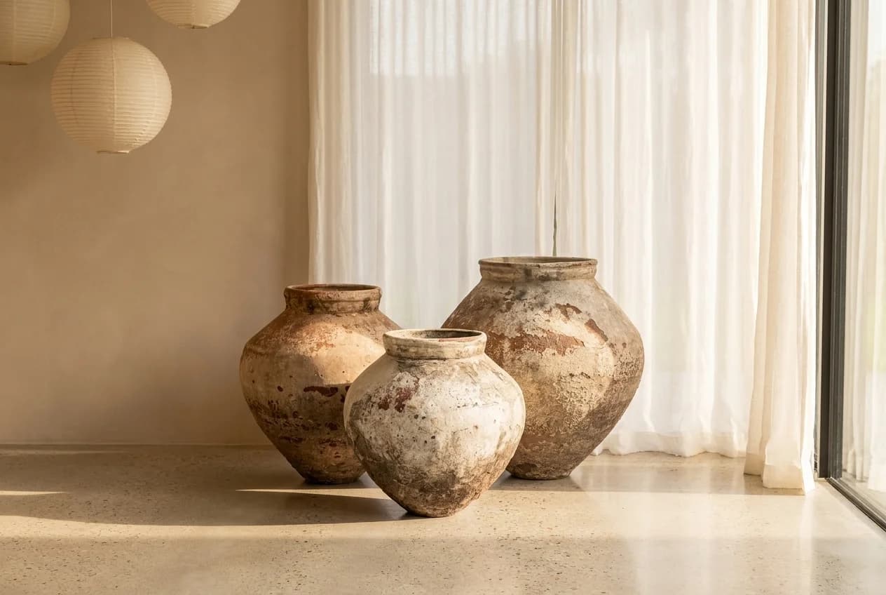 Vintage kleivaas in terra en beige, handgemaakt (61×60), verweerde klei met natuurlijke patina, handgemaakt in Indonesië foto 8