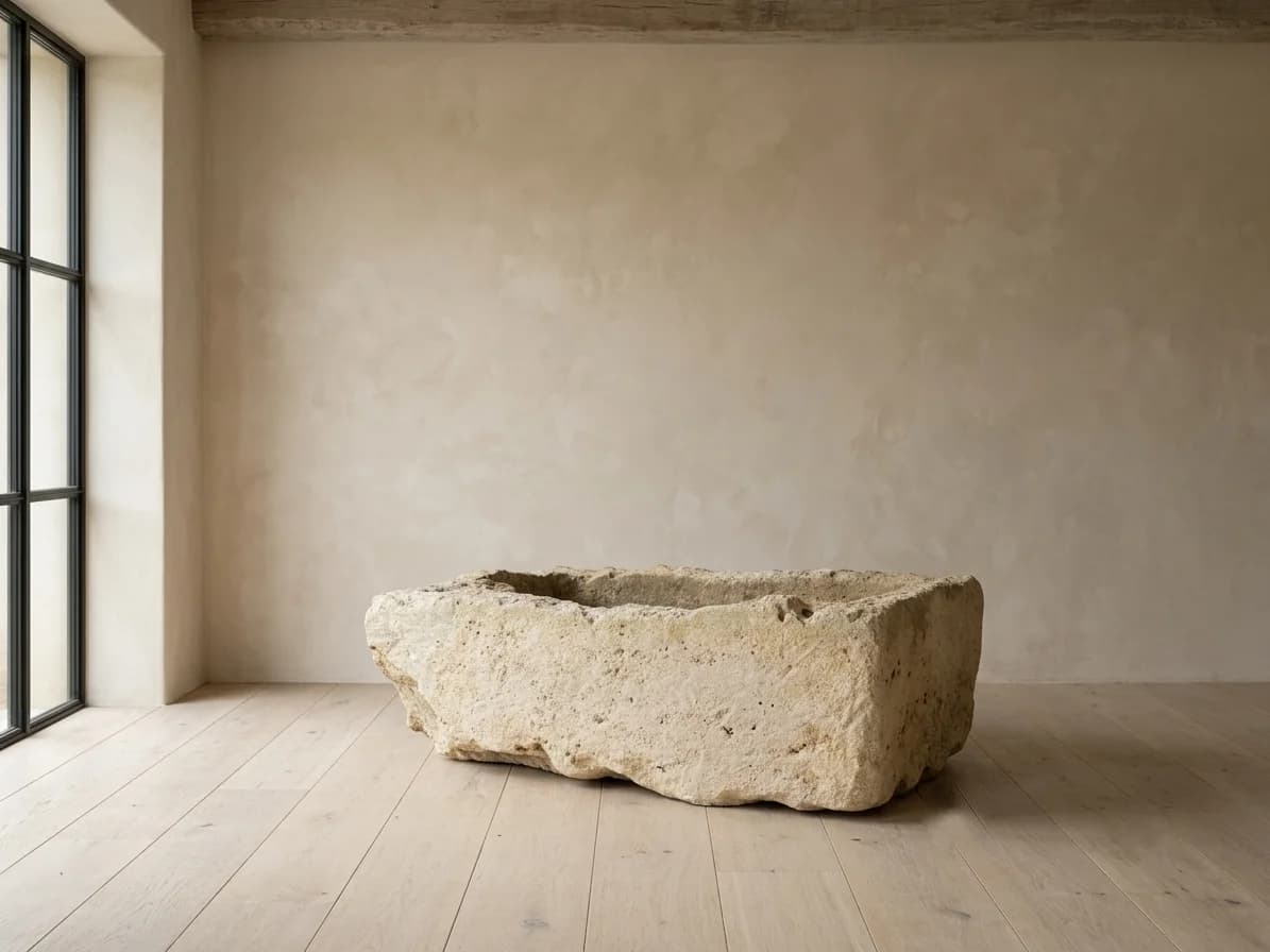 Natuurstenen trog – Rechthoekig (29×86×54), verweerde kalksteen met natuurlijke patina, handgemaakt in Indonesië foto 9
