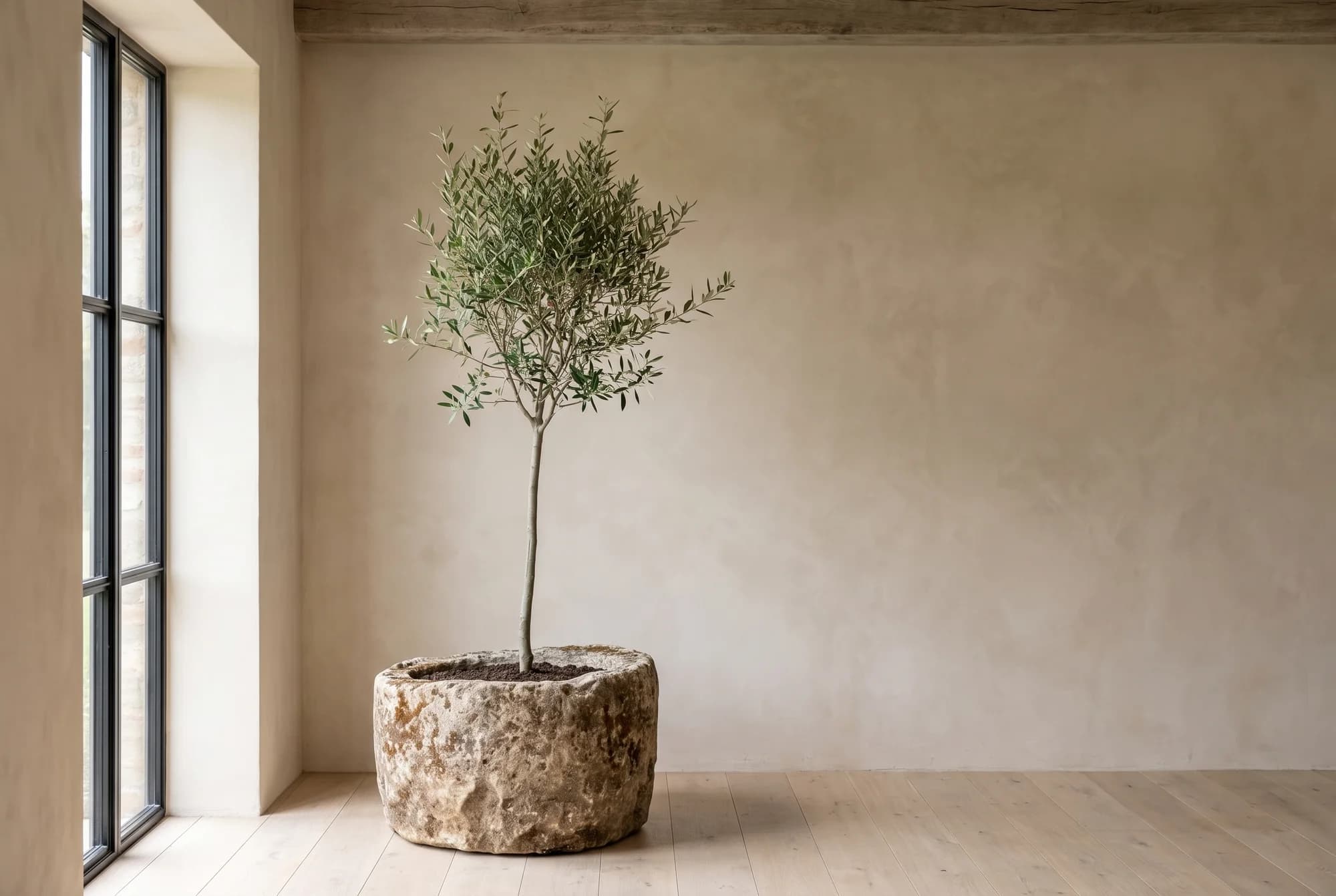 Natuurstenen pot, beige, rond en zwaar verweerd, verweerde kalksteen met natuurlijke patina, handgemaakt in Indonesië foto 12