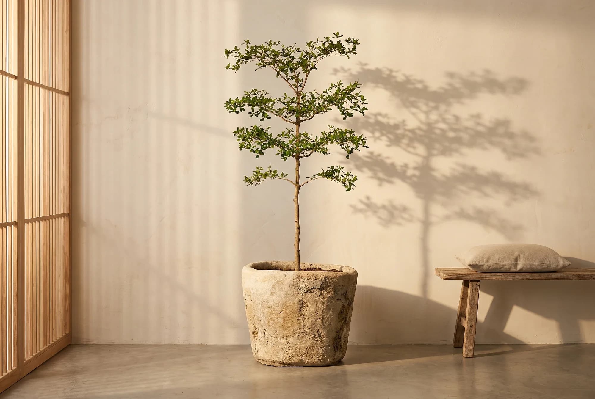 Lichte Beige Limestone plantenpot met robuuste afwerking, handgemaakt en verweerd, persoonlijk ingekocht in Indonesië