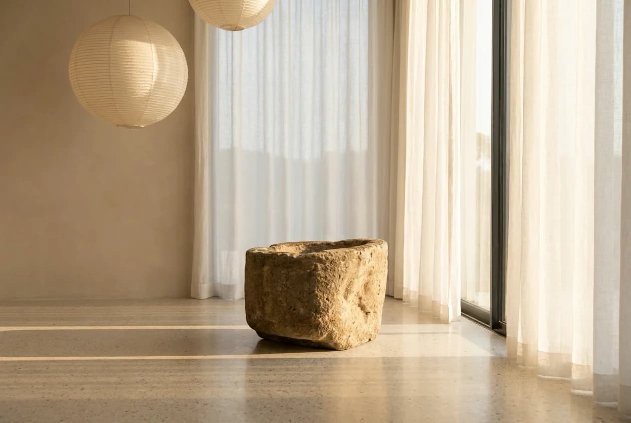 Natuurstenen pot, beige, rond met doorleefde patina, verweerde kalksteen met natuurlijke patina, handgemaakt in Indonesië foto 4