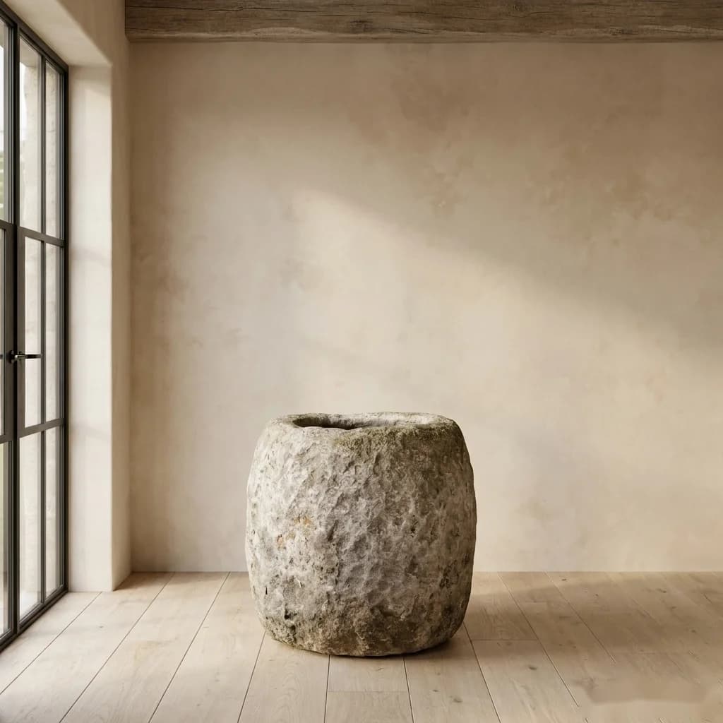 Beige natuurstenen pot met dikke randen, rond (54×58), verweerde kalksteen met natuurlijke patina, handgemaakt in Indonesië foto 2