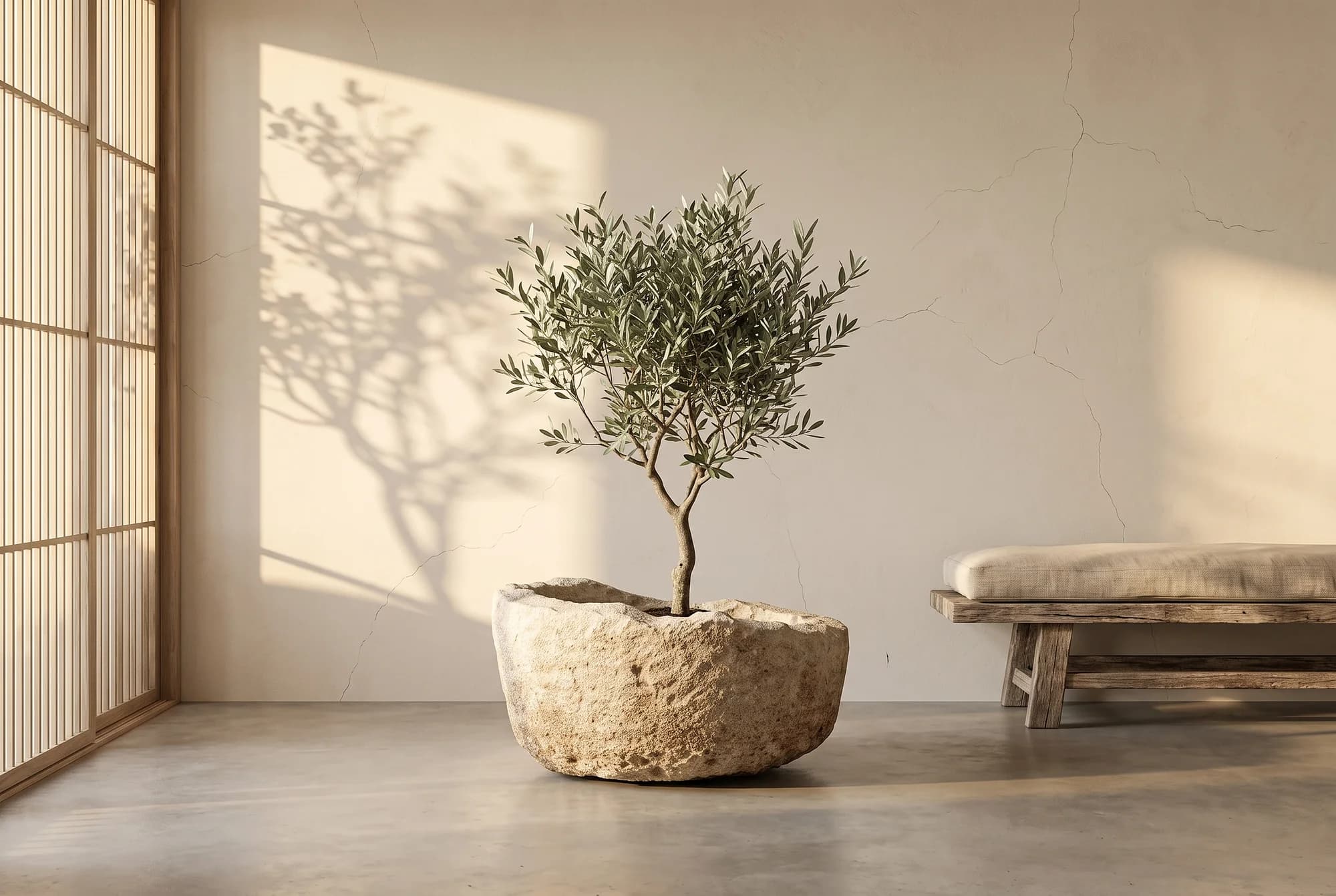 Natuurstenen pot, beige, rond, met aflopende rand (27/38 x Ø74), verweerde kalksteen met natuurlijke patina, handgemaakt in Indonesië foto 3