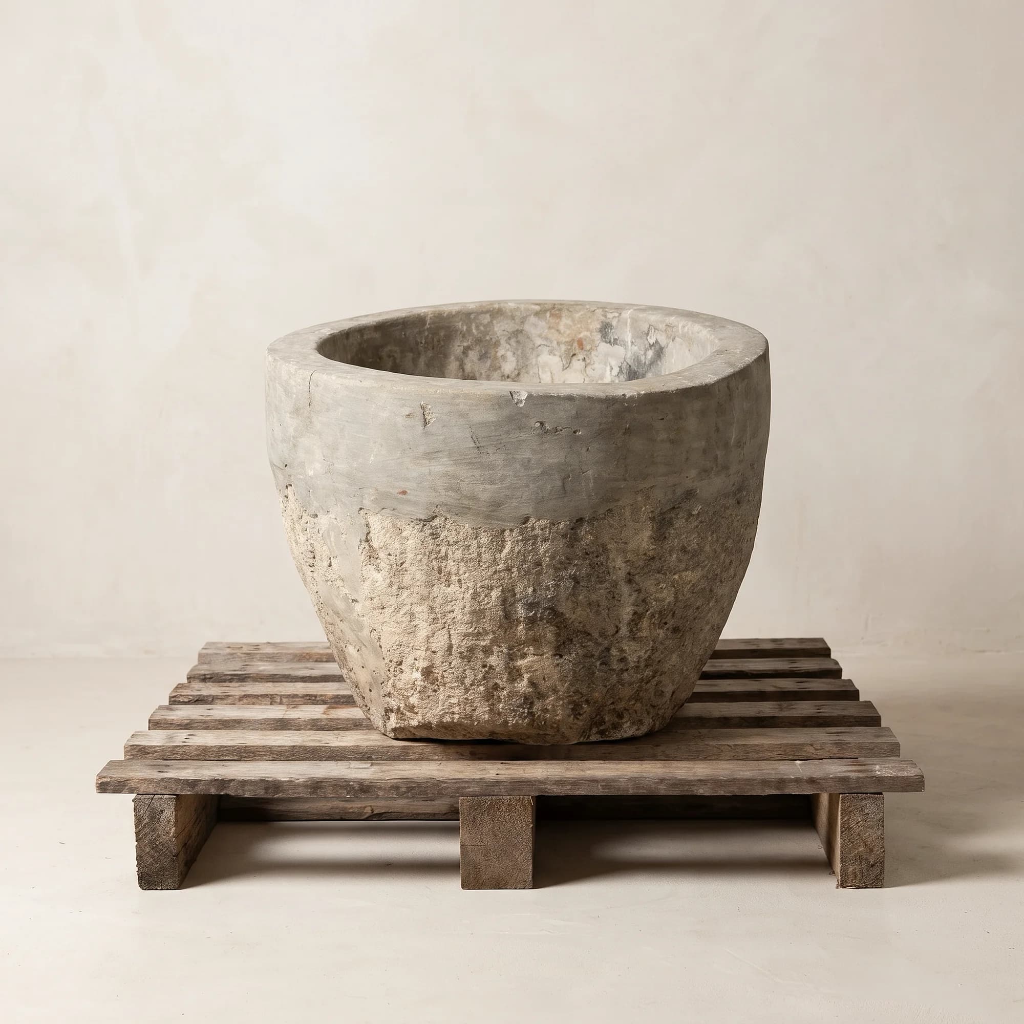 Ruige natuurstenen pot met grove textuur (43 x 52), handgemaakt en verweerd, persoonlijk ingekocht in Indonesië