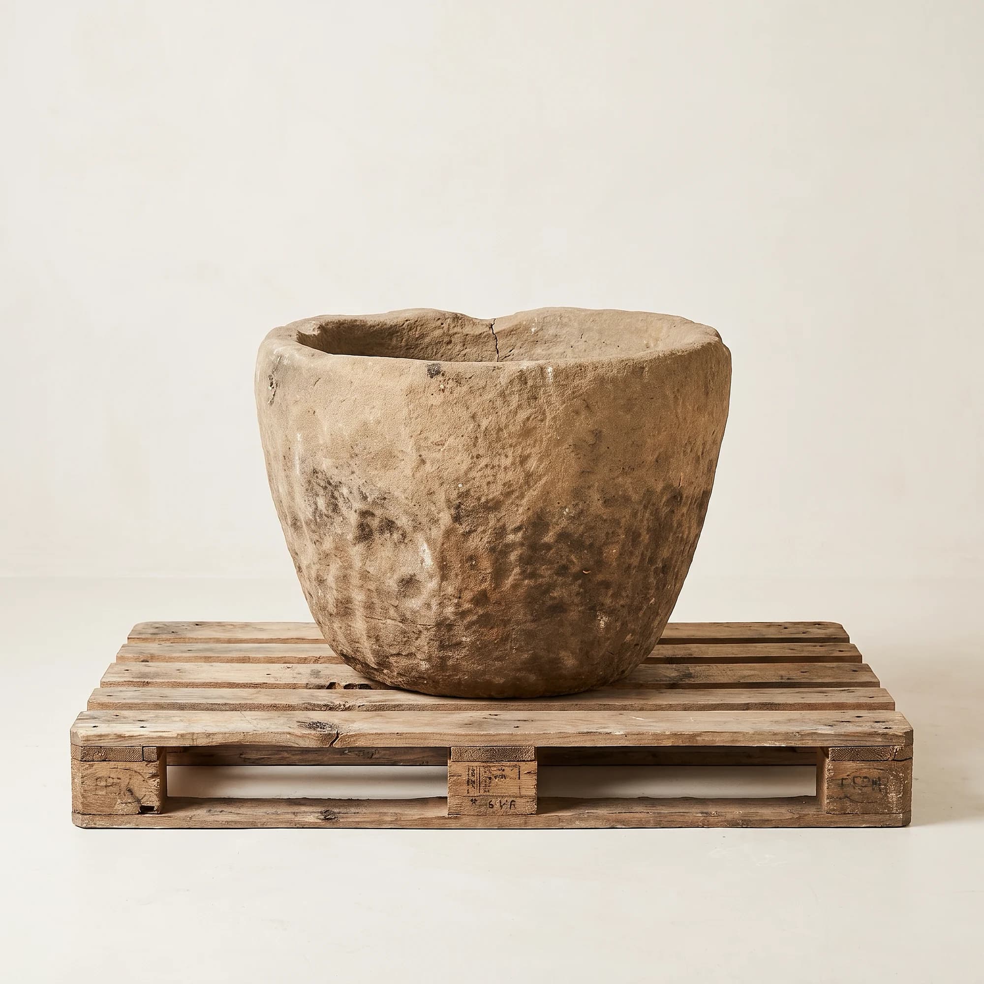 Natuurstenen pot, warm beige, diepe komvorm met golvende rand, handgemaakt en verweerd, persoonlijk ingekocht in Indonesië