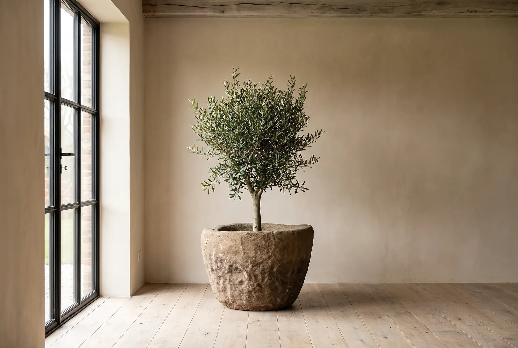 Natuurstenen pot, warm beige, diepe komvorm met golvende rand, verweerde kalksteen met natuurlijke patina, handgemaakt in Indonesië foto 2