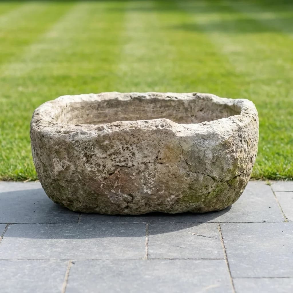 Grote kalkstenen trog, rechthoekig, indrukwekkend formaat (32×100×77), handgemaakt en verweerd, persoonlijk ingekocht in Indonesië