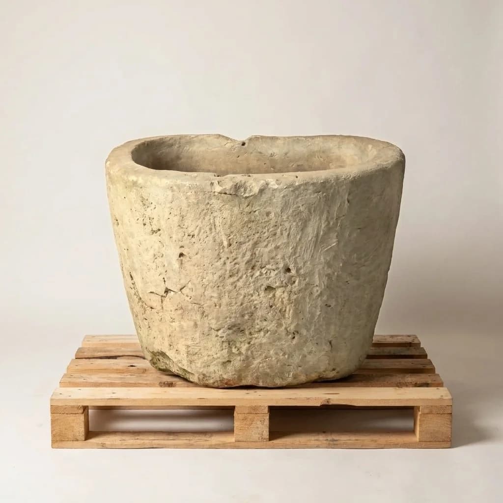 Imposante natuurstenen pot, beige, rond (55×80), verweerde kalksteen met natuurlijke patina, handgemaakt in Indonesië foto 2