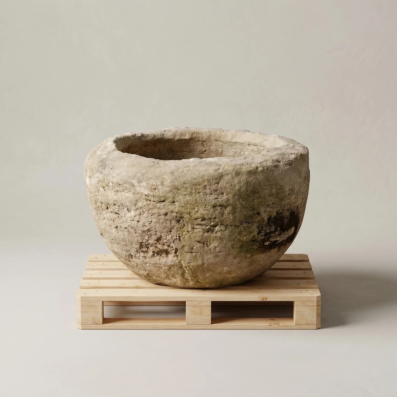 Natuurstenen pot, zandbeige, diepe komvorm, handgemaakt en verweerd, persoonlijk ingekocht in Indonesië