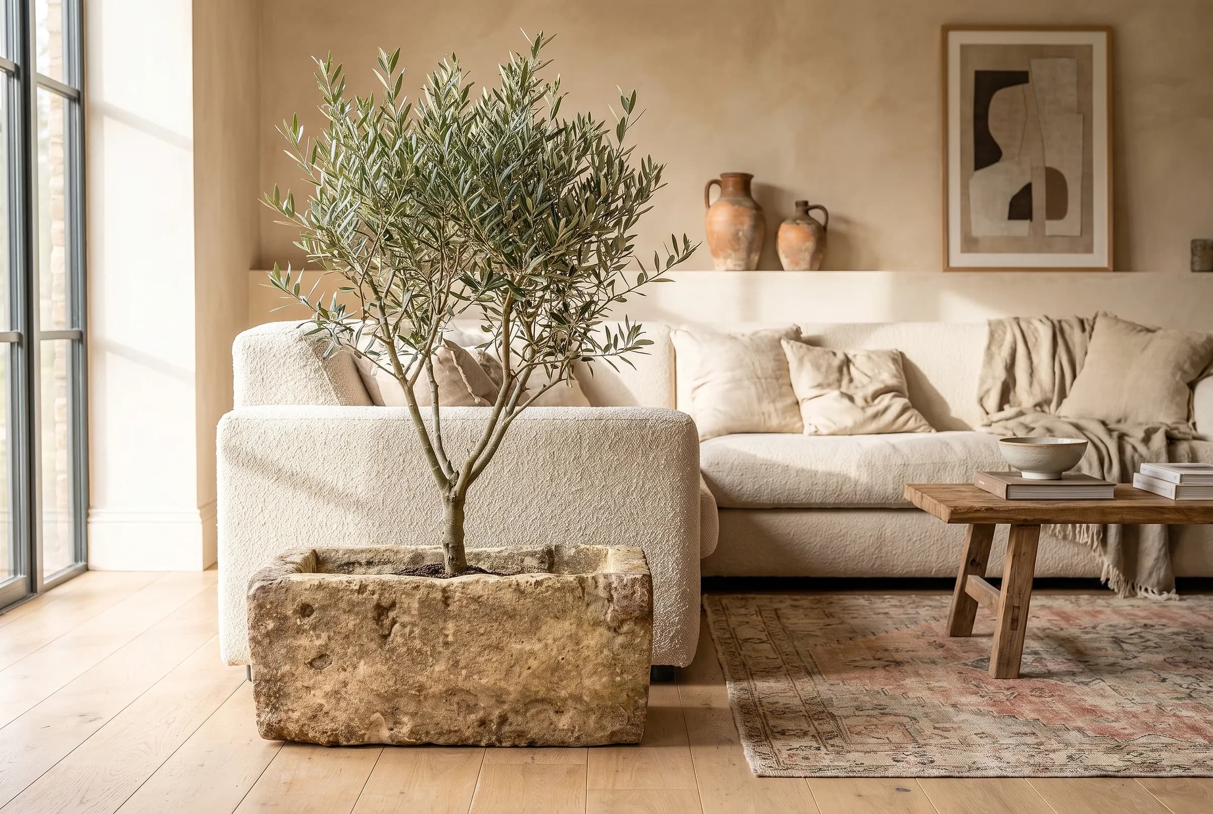 Rechthoekige natuurstenen trog met een olijfboom in een lichte woonkamer naast een linnen bank