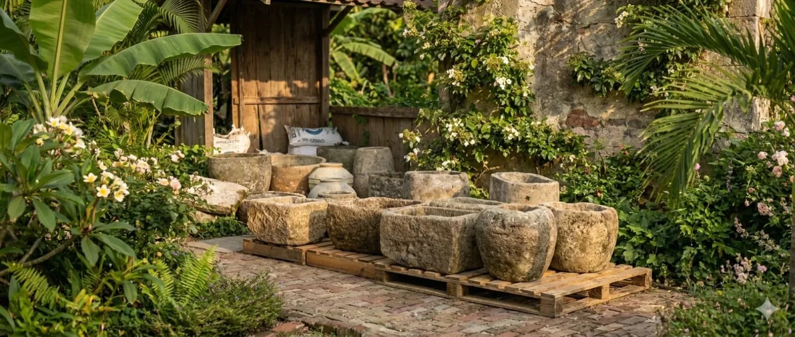 Natuurstenen potten en troggen op een pallet in een weelderige tuin