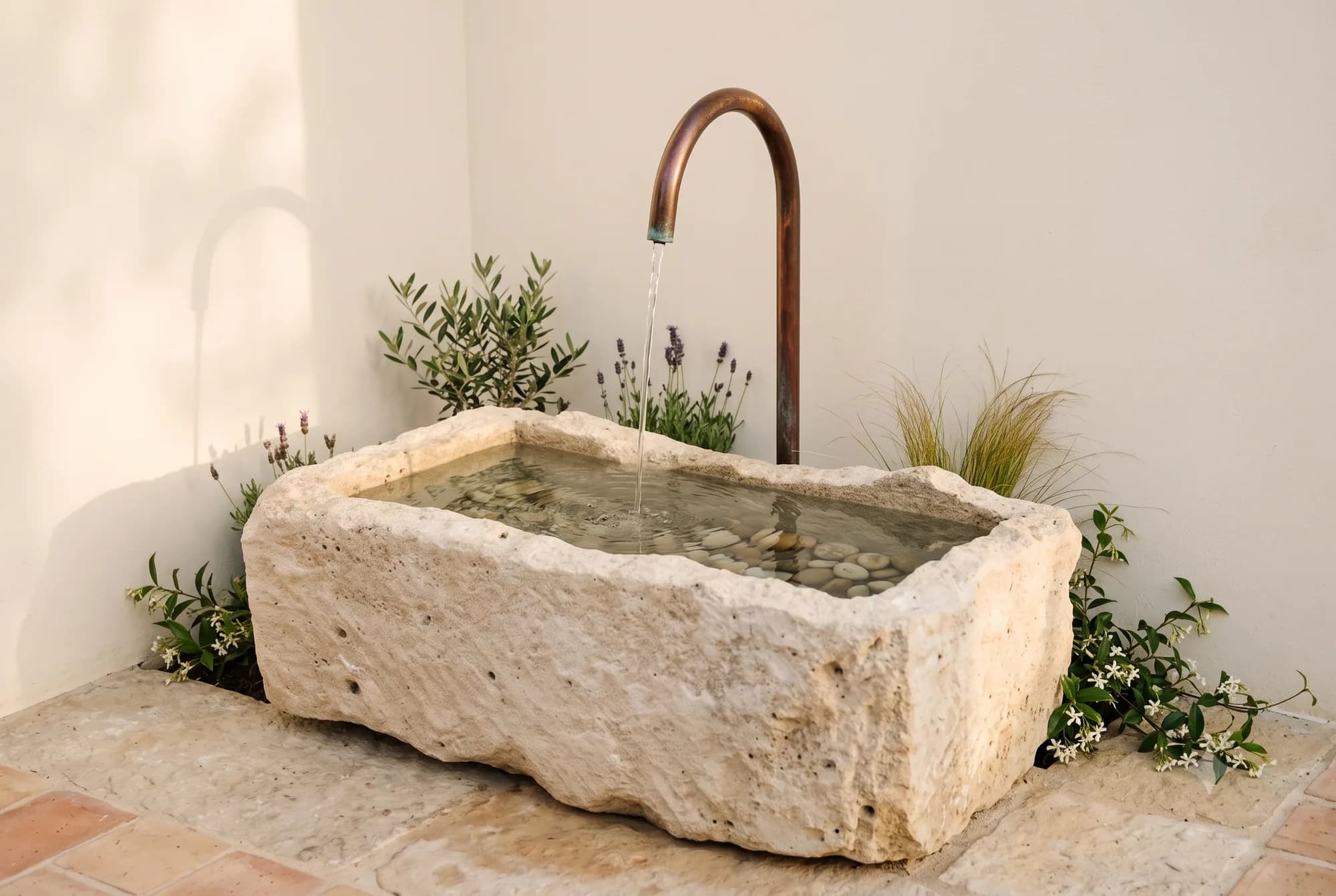 Natuurstenen trog omgebouwd tot hoekfontein met kabbelend water en een koperen tuit tegen een lichte muur