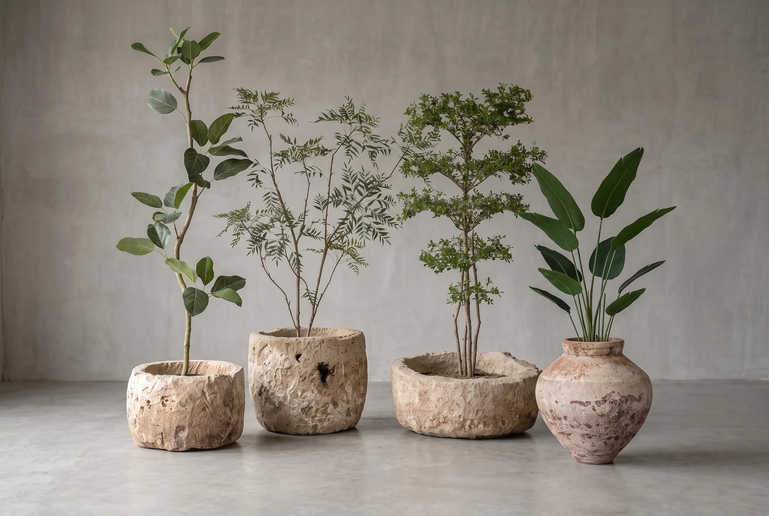 Vier realistische kunstplanten van Montung, elk in een eigen natuurstenen pot of kruik, in een lichte betonnen studioruimte