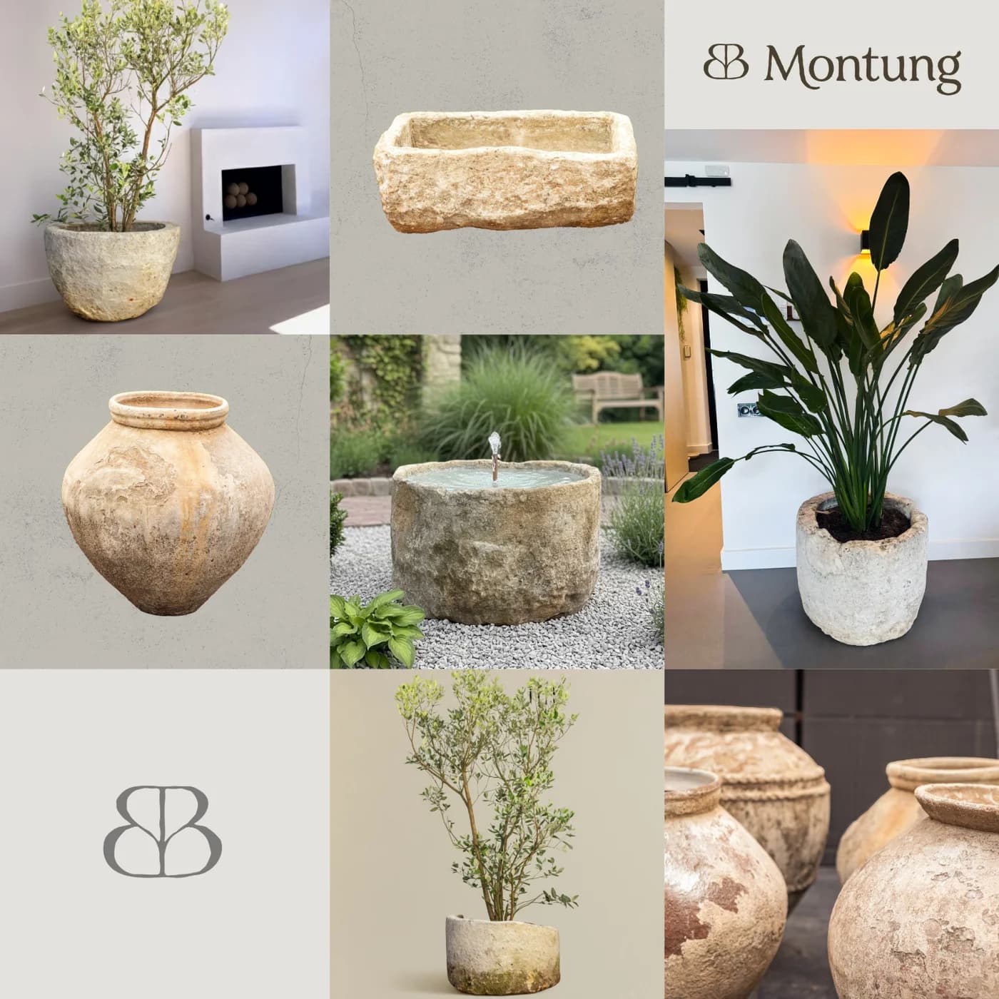 Collage van authentieke natuurstenen potten en troggen van Montung